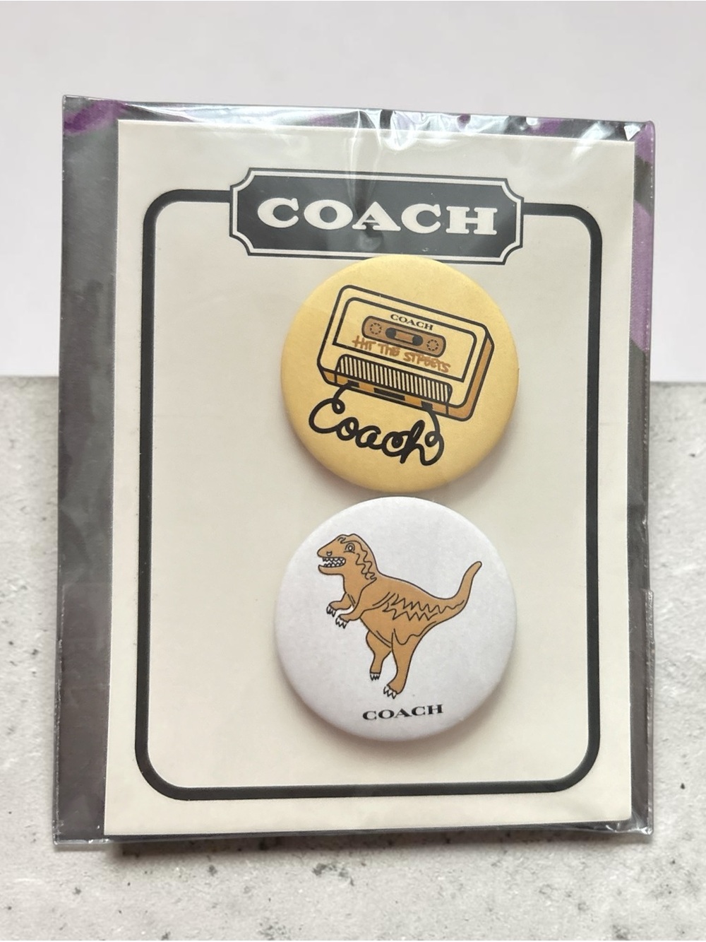 COACH Yellow & White Pin Button Duo with Cassette and Dino Motifs - Picture 2 of 3
